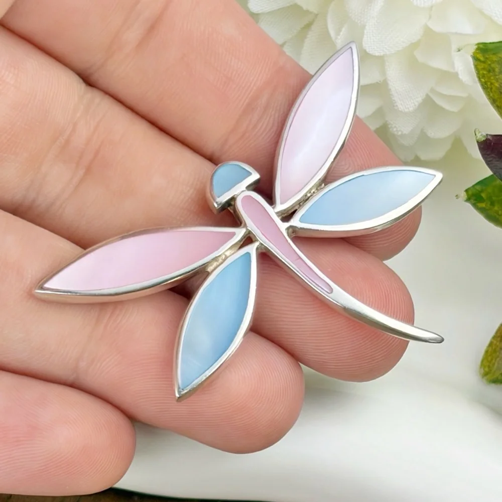 Vintage Dragonfly Butterfly Pendant Sterling Silver 925 Mother of Pearl Inlay